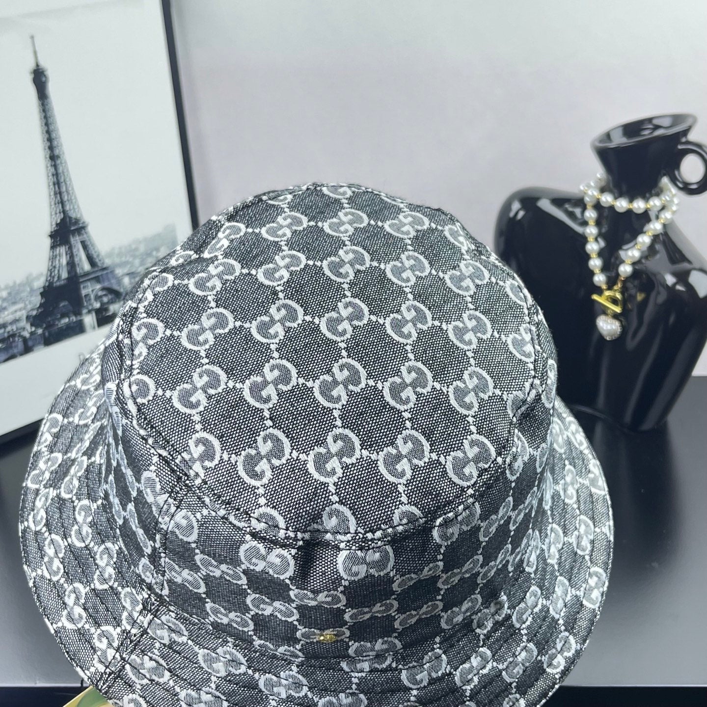 Gucci GG-print bucket hat, dark gray, curved crown and wide brim