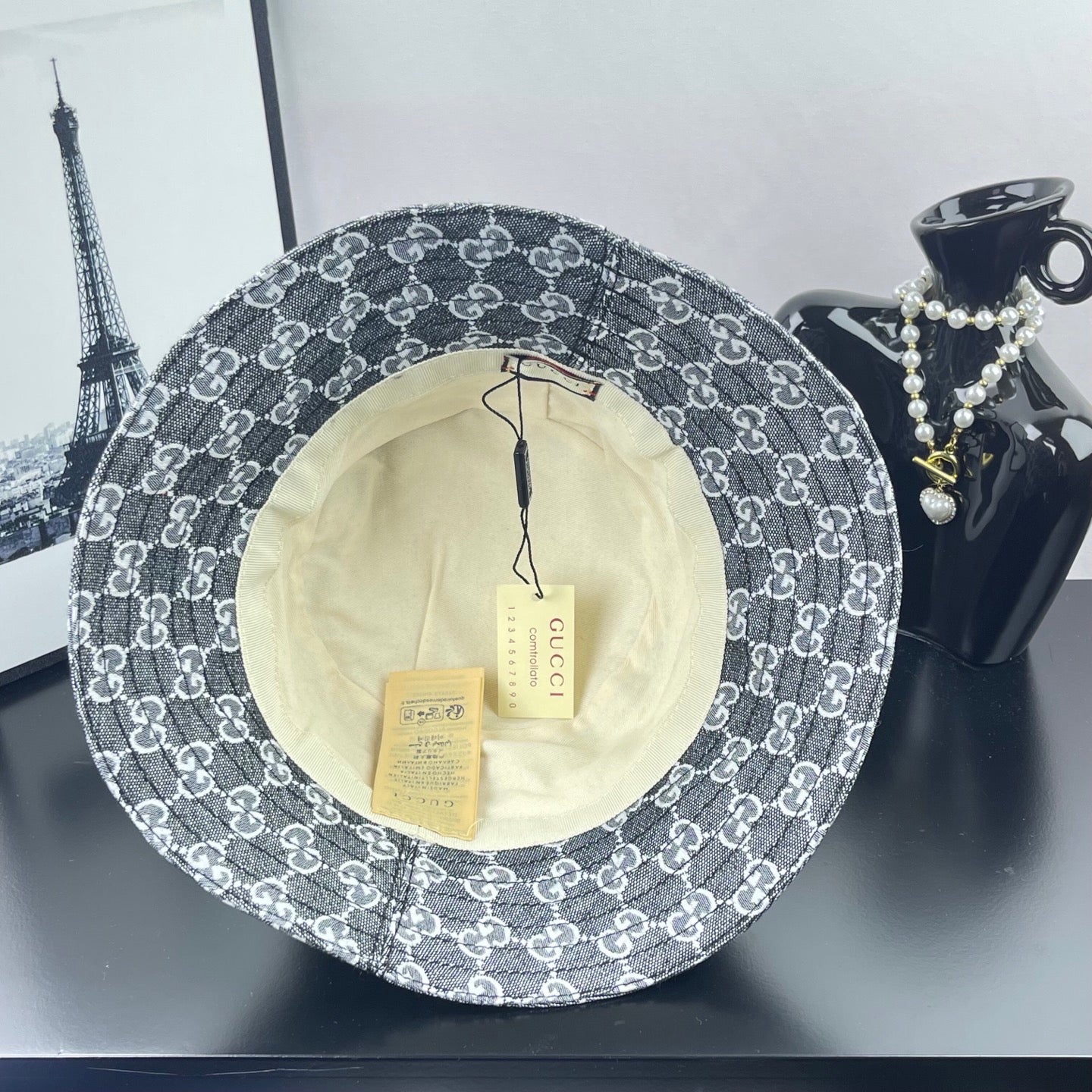 Gucci GG-print bucket hat, dark gray with cream inner lining