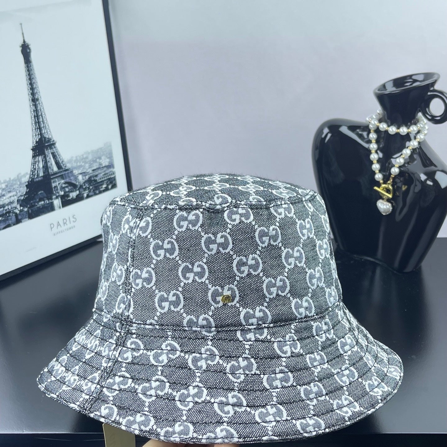 Gucci GG-print bucket hat, dark gray with all-over logo pattern