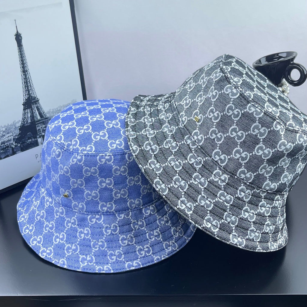 Gucci GG-print bucket hat set: blue and dark gray with repeating logo pattern
