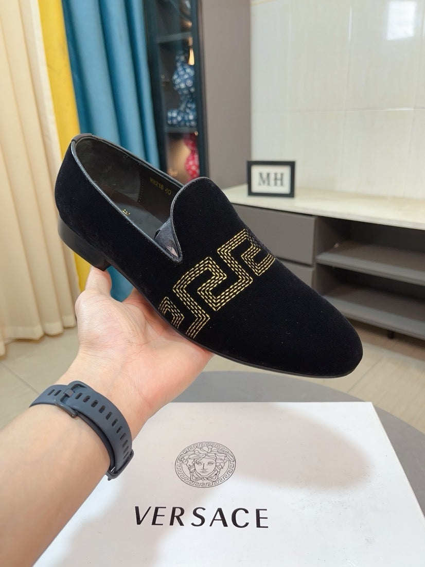 Versace black velvet loafers with gold Greca pattern, slip-on with low heel