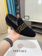 Versace black velvet loafers with gold Greca pattern, slip-on with low heel