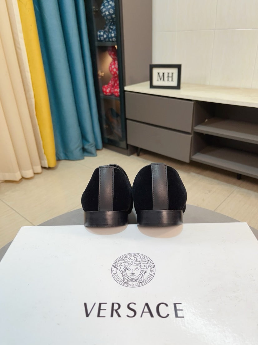 Versace black velvet loafers rear view with low stacked heel