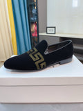 Versace black velvet loafers with gold Greca emblem strap, slip-on pointed toe