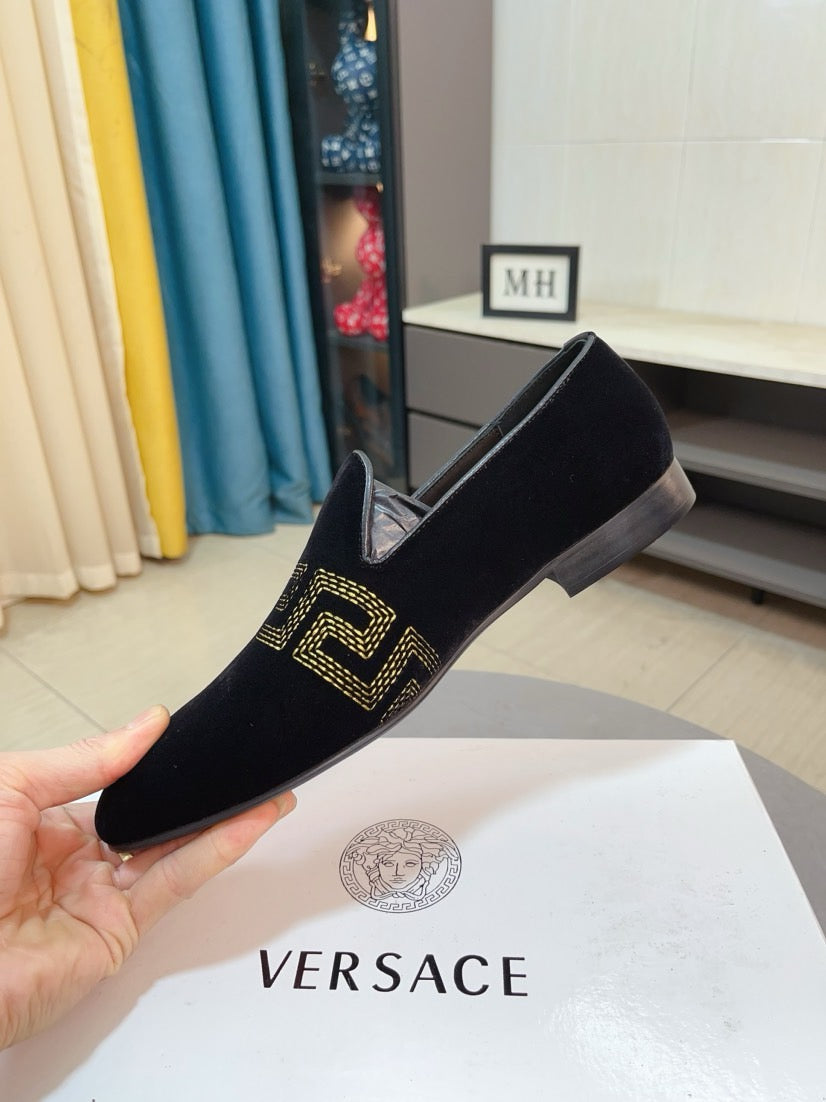 Versace black velvet loafers with gold Greca embroidery and flat heel