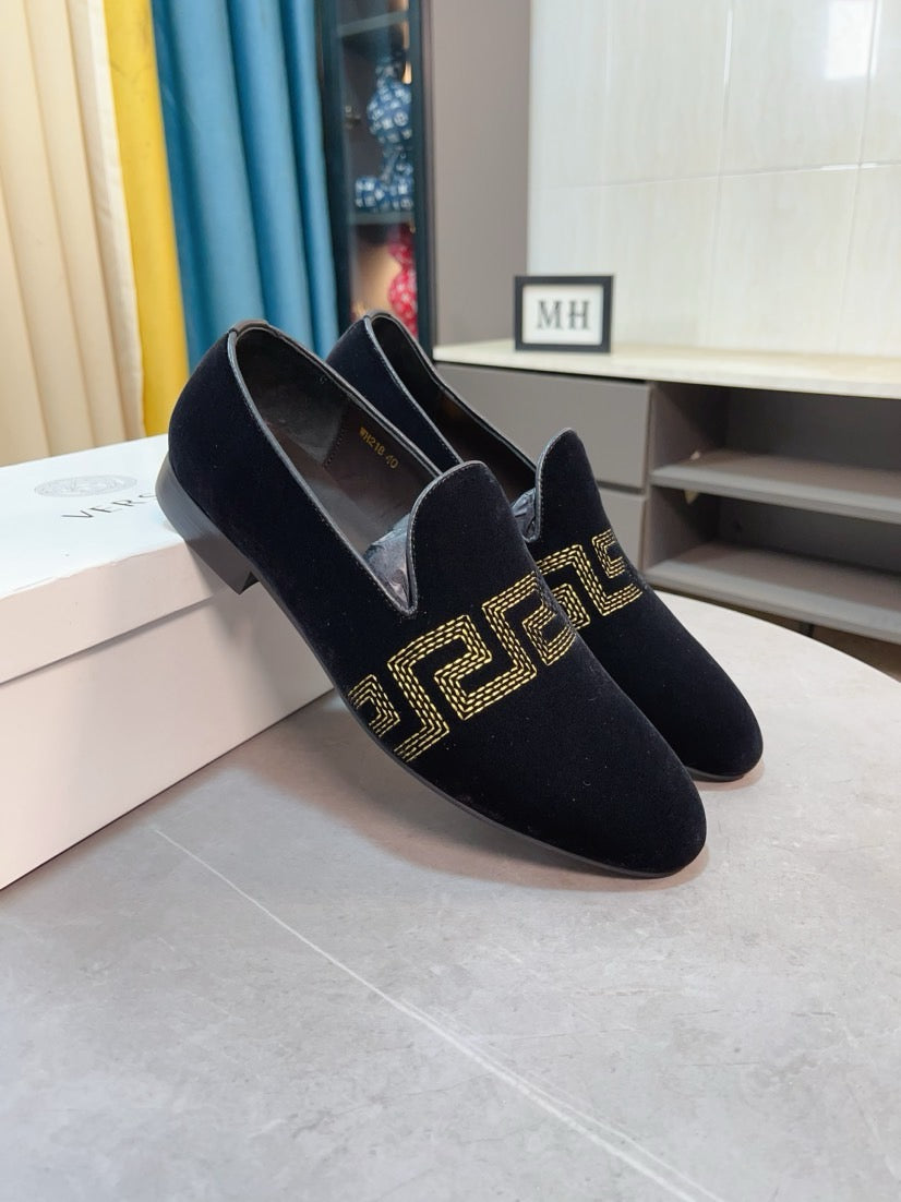 Versace black velvet loafers with gold Greca detail on vamp, slip-on