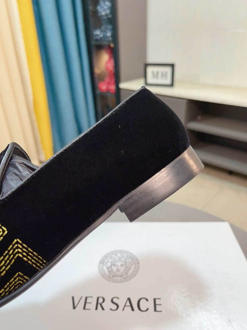 Versace black velvet loafer with leather-look dark heel sole