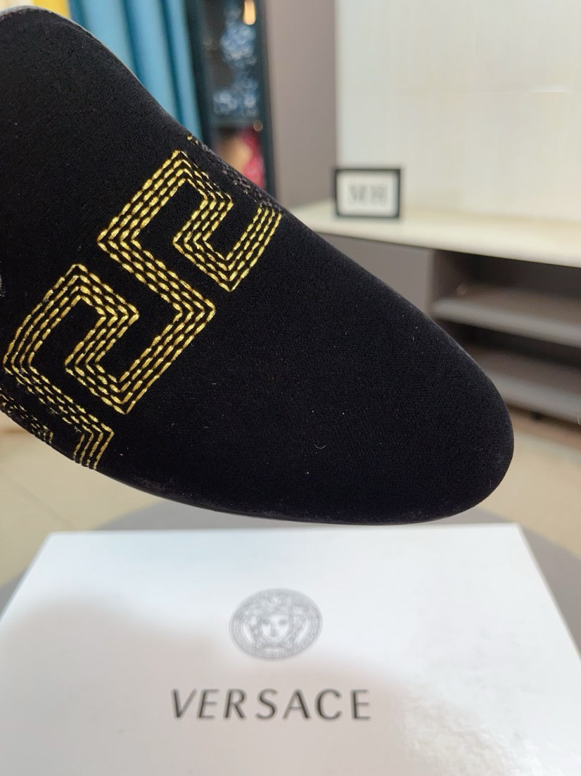 Versace black velvet loafer with gold Greca trim on side