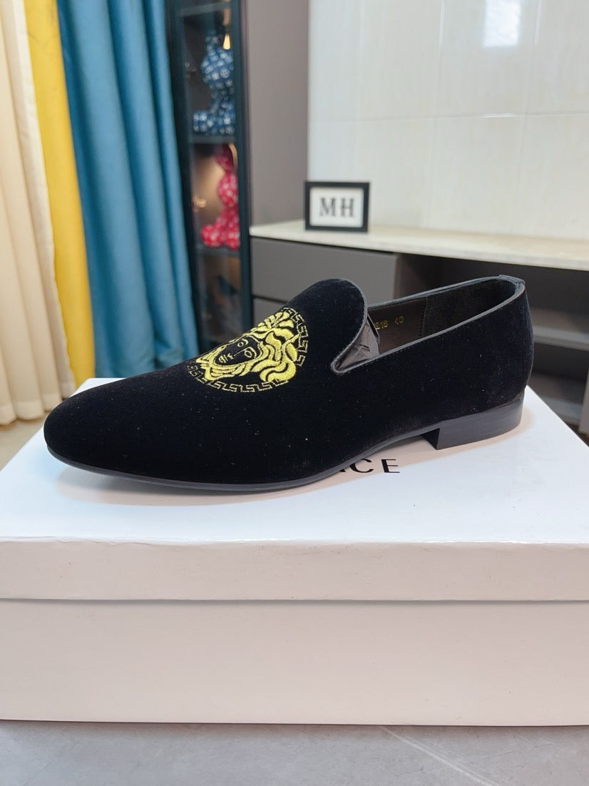 Black velvet loafer with gold Medusa embroidery on the front