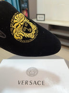 Black velvet loafer with gold Medusa logo embroidery detail