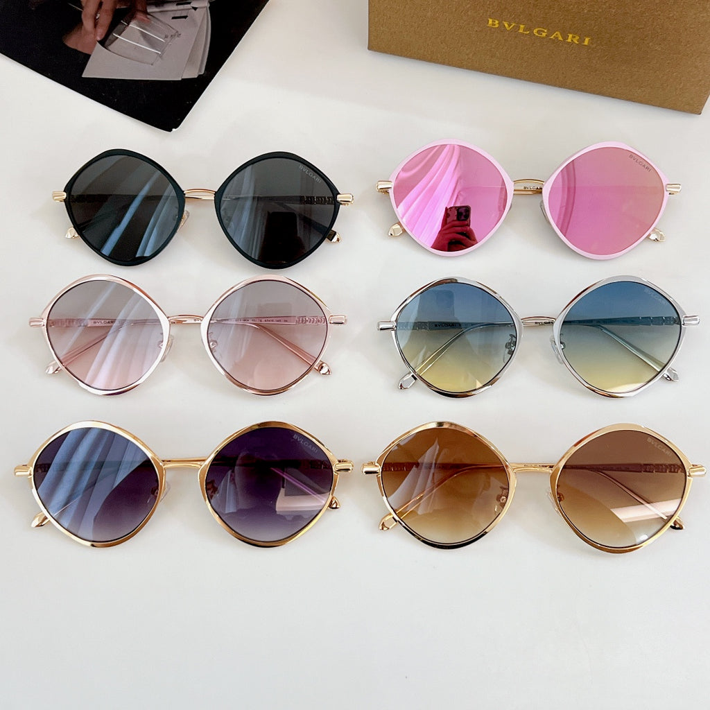 Set of round sunglasses with mixed frames and mirrored lenses in various colors.