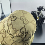 Gucci GG monogram bucket hat in beige canvas, close-up front panel and curved brim