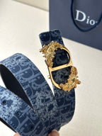 Dior belt with dark blue monogram strap and ornate gold rectangular buckle