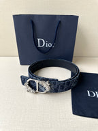 Dior belt with dark blue monogram strap and gold buckle detail