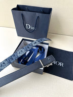 Dior belt with dark blue monogram strap and silver-toned buckle on long tail