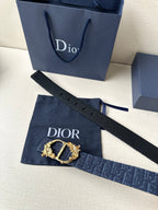Dark blue Dior belt with gold-tone buckle and navy monogram strap