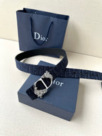 Dior belt with dark blue monogram strap and silver buckle with oval centerpiece