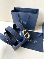 Dark blue Dior belt with gold-tone oval buckle and monogram strap in box