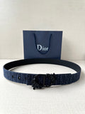 Dior belt in dark blue fabric with black ornate buckle and keeper tabs