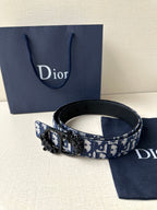 Dior belt with blue monogram strap, black leather trim, and Dior buckle
