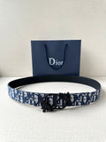 Dior belt with blue-and-white monogram strap and black buckle