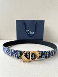 Dior belt in navy and light blue logo canvas with gold-tone buckle and clasp