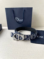 Dior belt on display with navy and light blue logo strap and silver-toned buckle