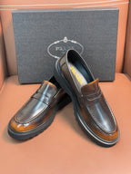Dark metallic slip-on loafers with apron strap, stitched moc toe, cushioned sole
