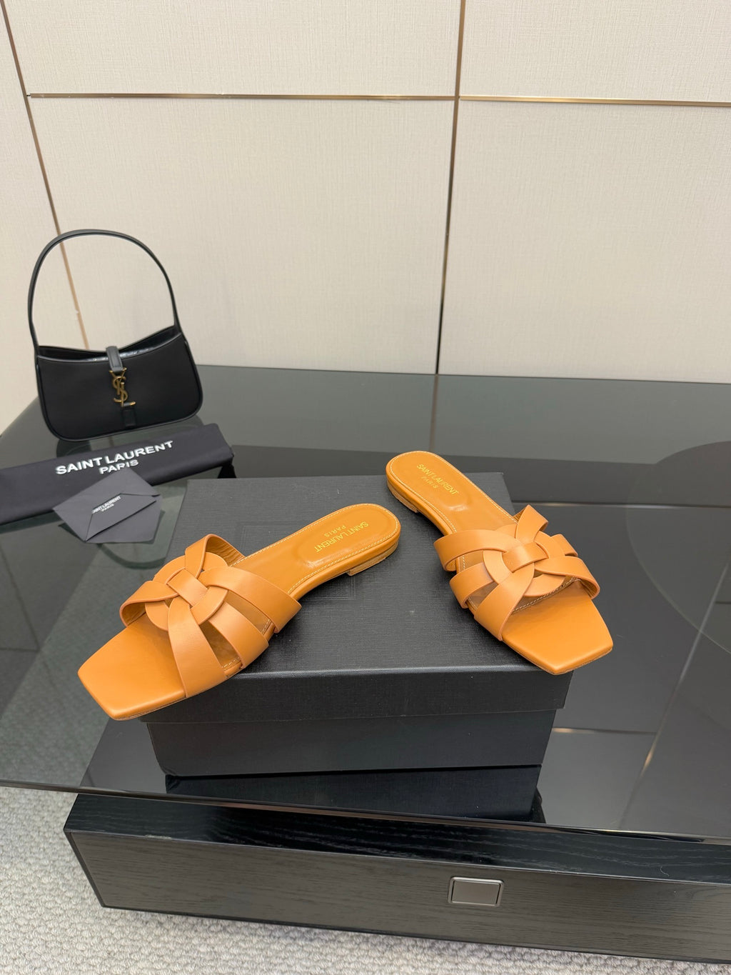 YSL women's orange woven slide sandals, crossover strap design with flat sole