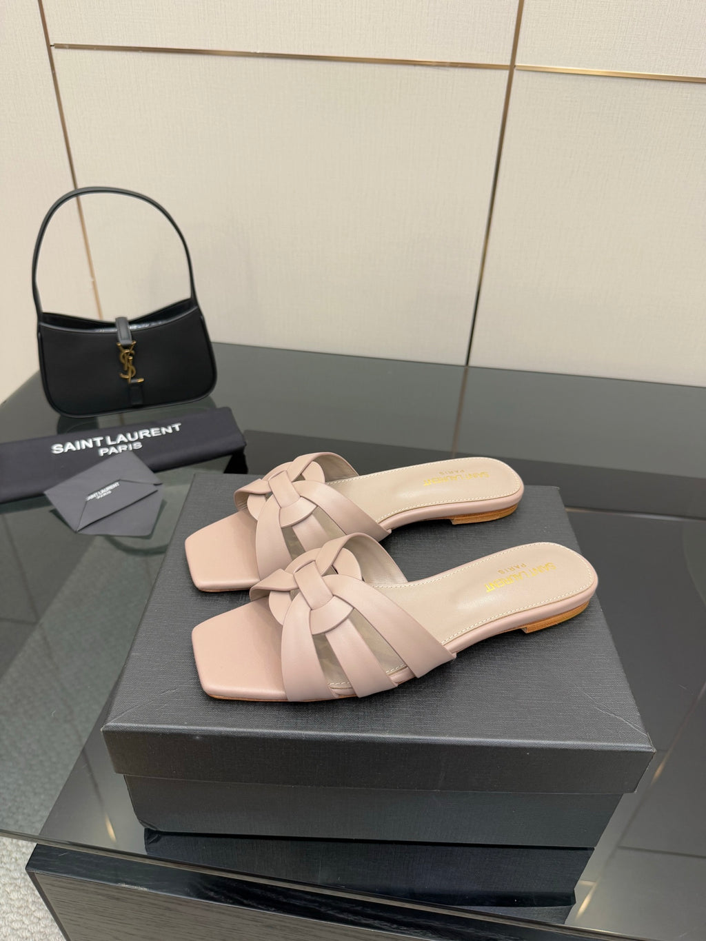 Women's light beige braided slide sandals with smooth slide strap