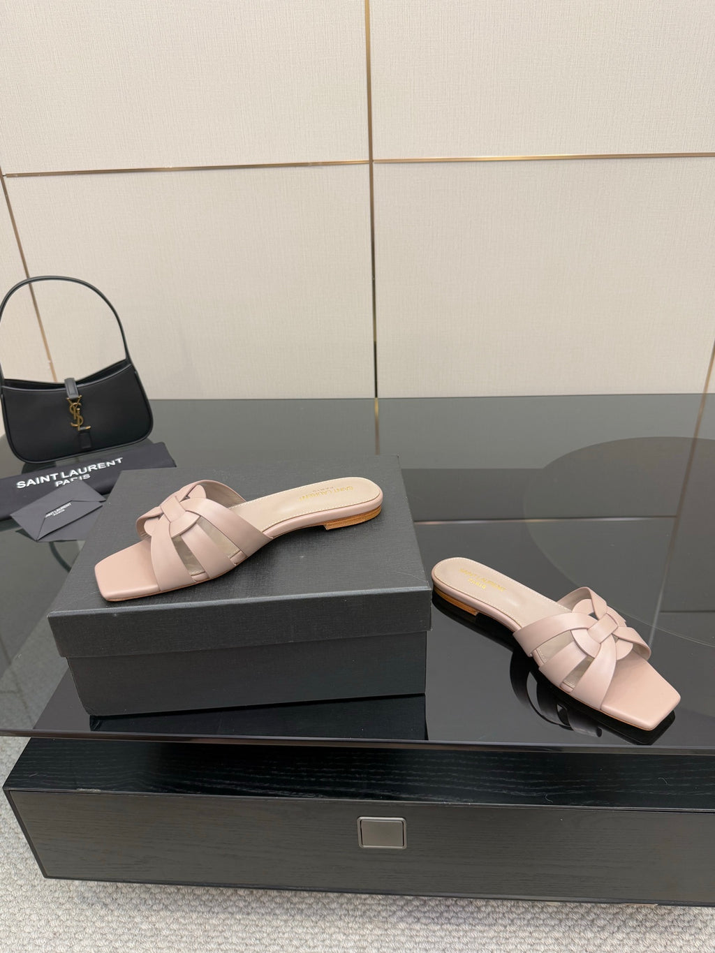 Women's light beige braided slide sandals with low, flat slide heel