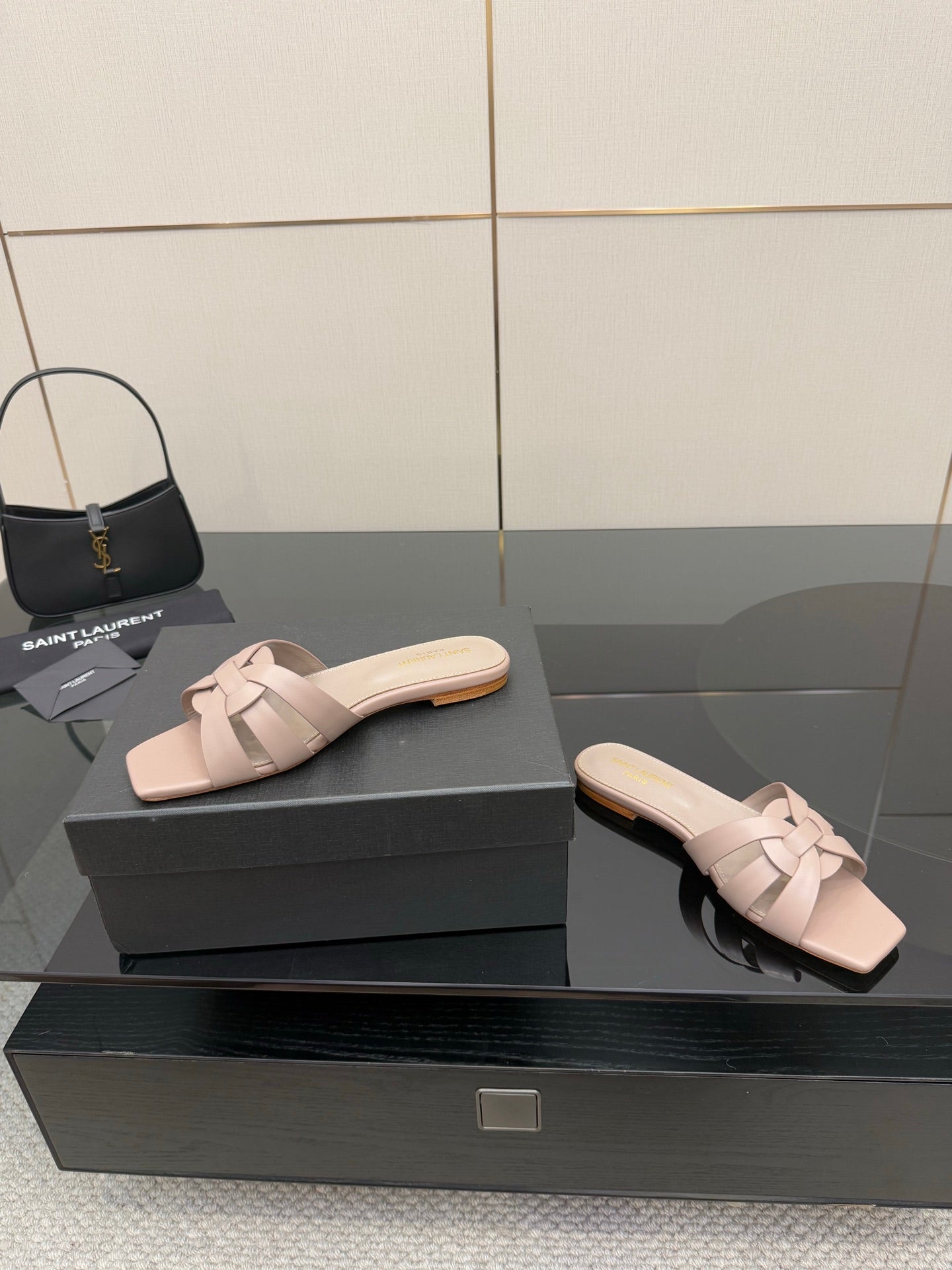 Women's light beige braided slide sandals with low, flat slide heel