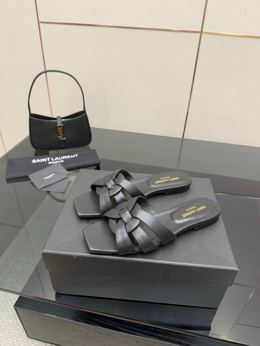 YSL ladies' slide sandals, dark braided straps with open toe and flat sole