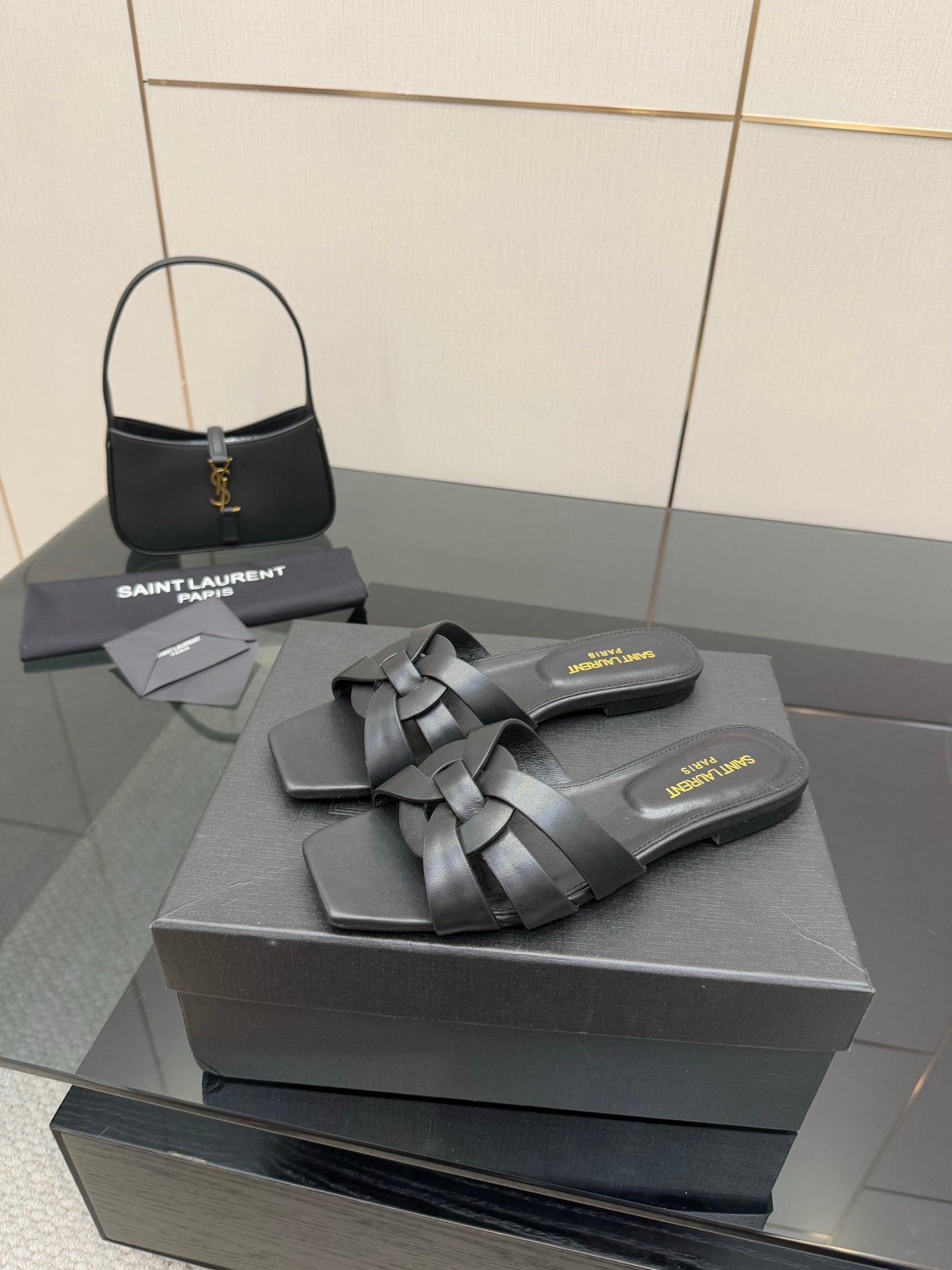 YSL ladies' slide sandals, dark braided straps with open toe and flat sole