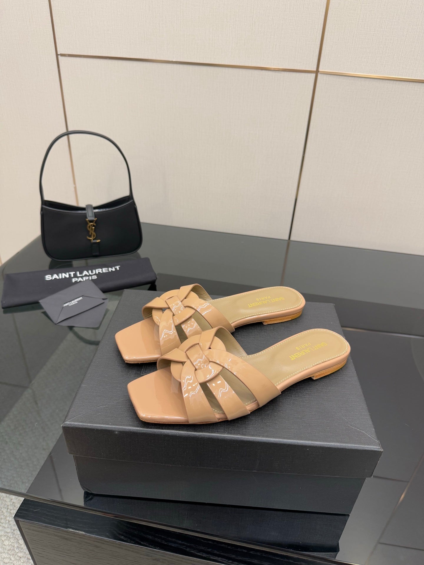 YSL ladies slide sandals, beige braided strap design with open toe, low heel pair