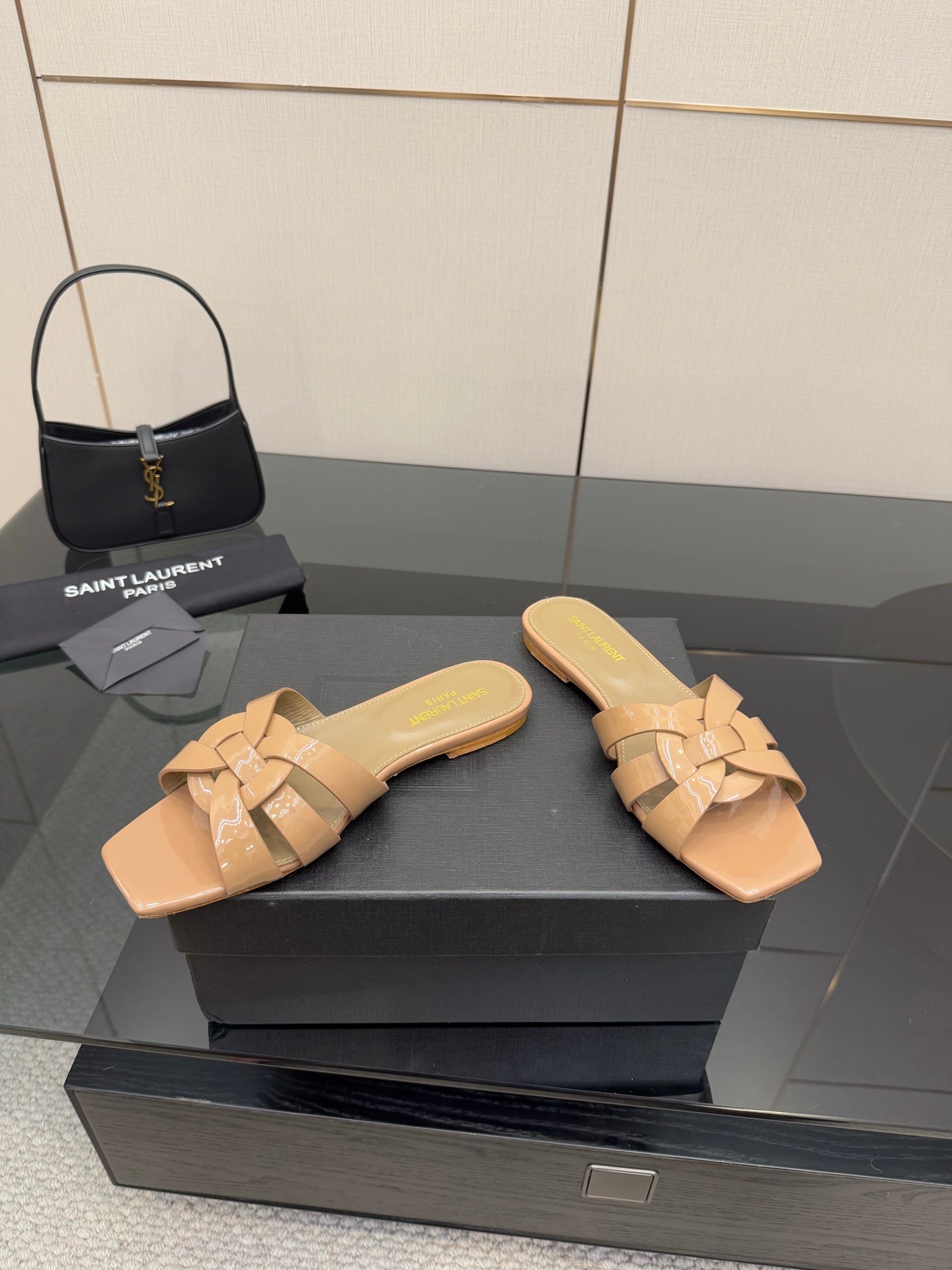 YSL ladies slide sandals, beige toe-ring style with woven crossover straps, low heel