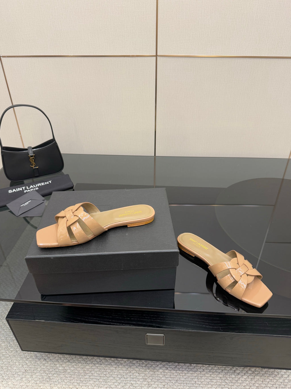YSL ladies slide sandals, beige strappy slides with woven bow knot detail, low heel