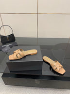 YSL ladies slide sandals, beige strappy slides with woven bow knot detail, low heel