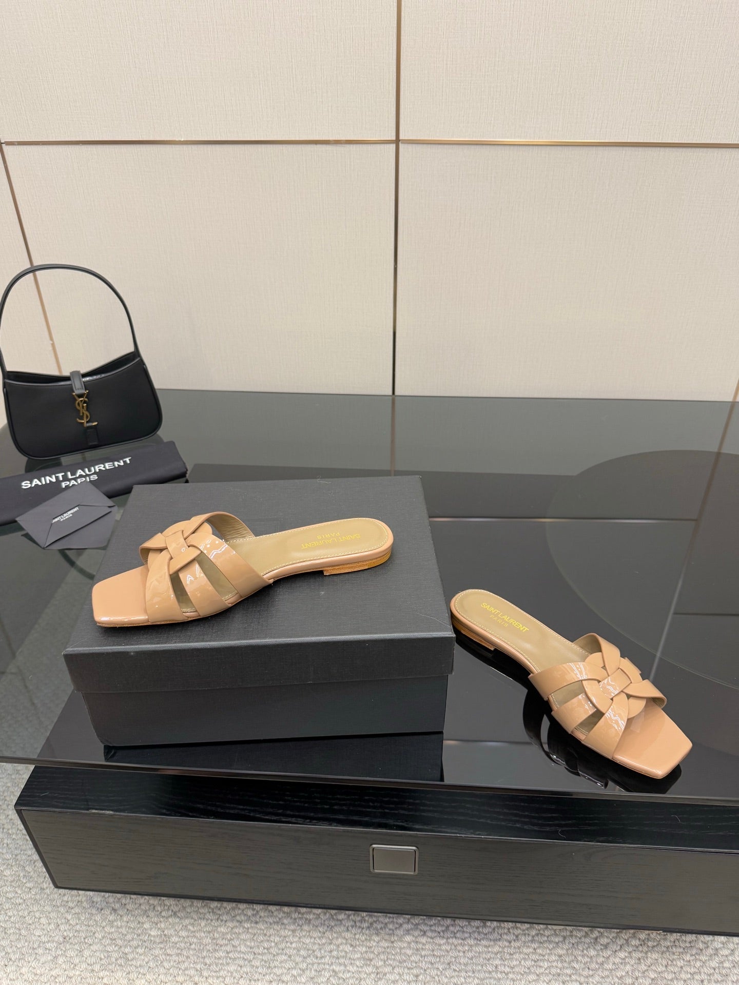 YSL ladies slide sandals, beige strappy slides with woven bow knot detail, low heel