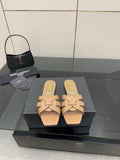 YSL ladies slide sandals, beige strappy upper with woven bow detail, low heel