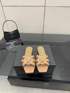 YSL ladies slide sandals, beige strappy upper with woven bow detail, low heel