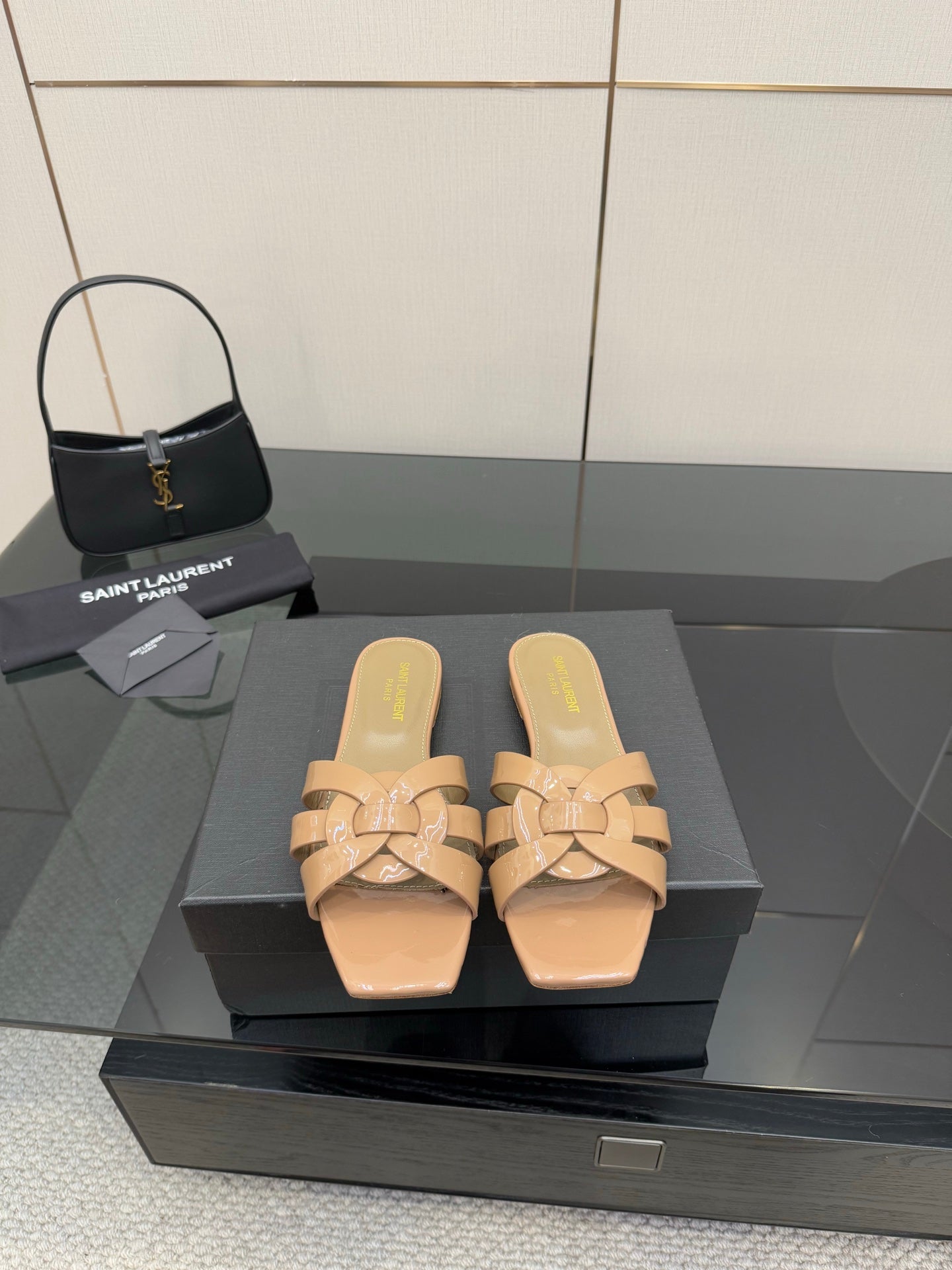 YSL ladies slide sandals, beige strappy upper with woven bow detail, low heel