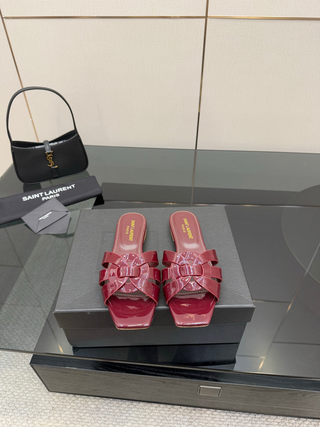 YSL patent pink bow mules, open toe slip-on sandals with glossy strap details on box