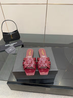 YSL patent pink bow mules, open toe slip-on sandals with glossy strap details on box