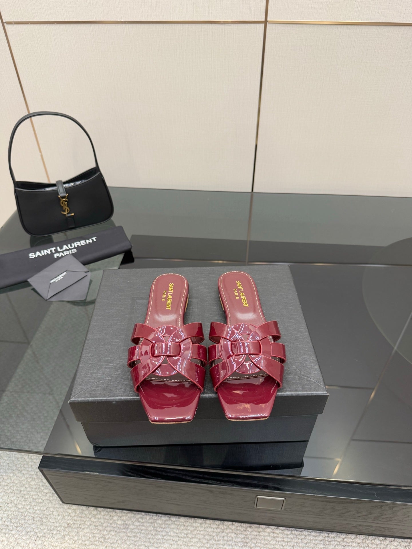 YSL patent pink bow mules, open toe slip-on sandals with glossy strap details on box