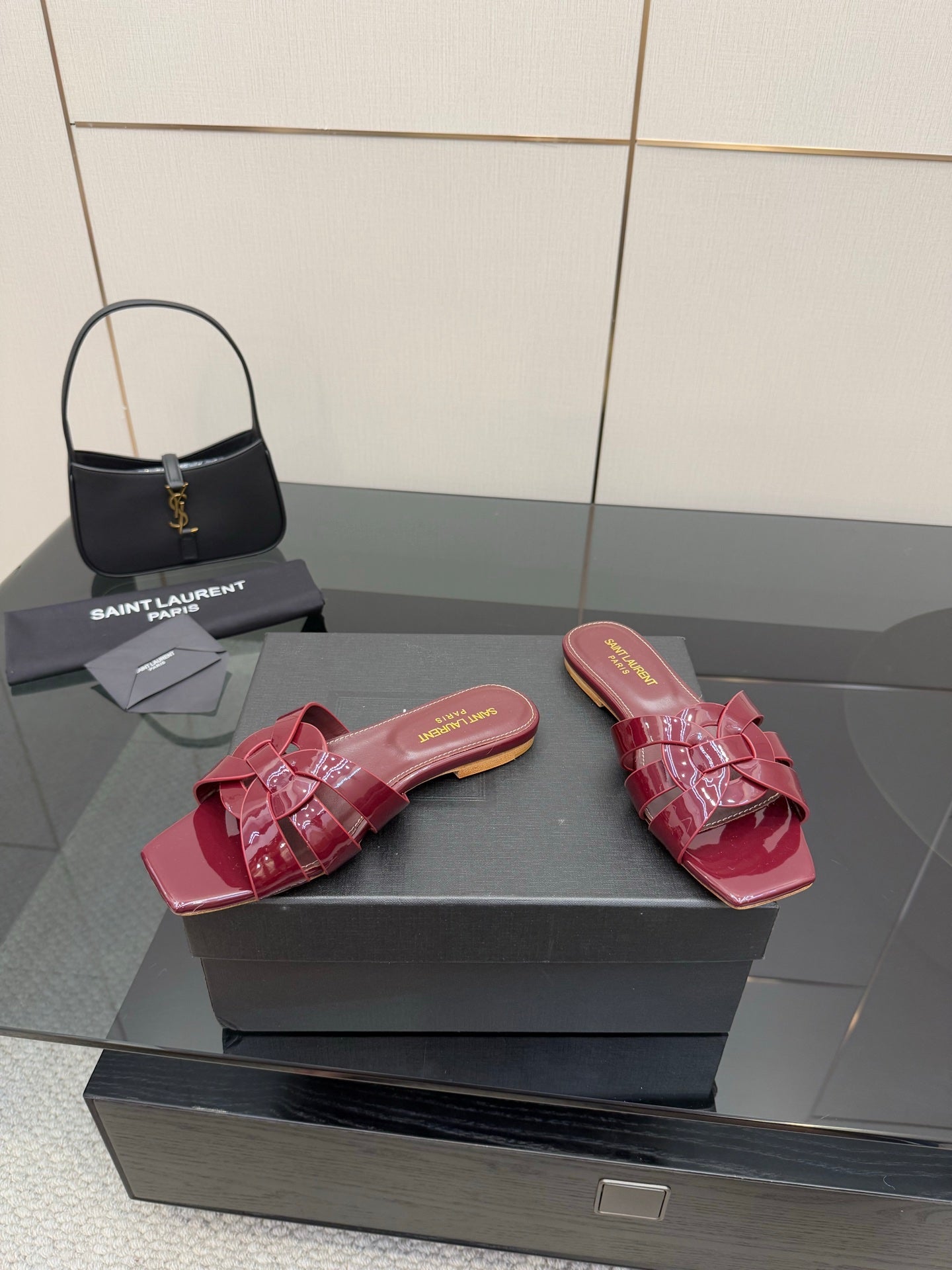 YSL patent pink bow mules, open toe slide sandals with layered bow straps on box