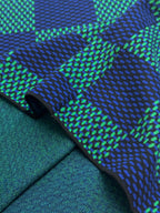 Louis Vuitton T-shirt shoulder and side seam with blue and green check pattern, ribbed edging.