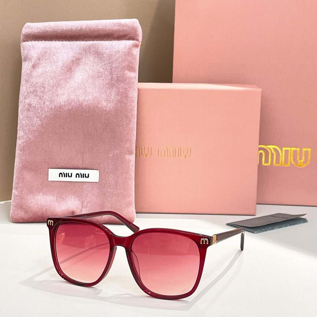 MiuMiu sunglasses with burgundy frame and red lenses, with pink storage pouch
