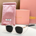 MiuMiu sunglasses with silver frame and black lenses, with pink storage pouch