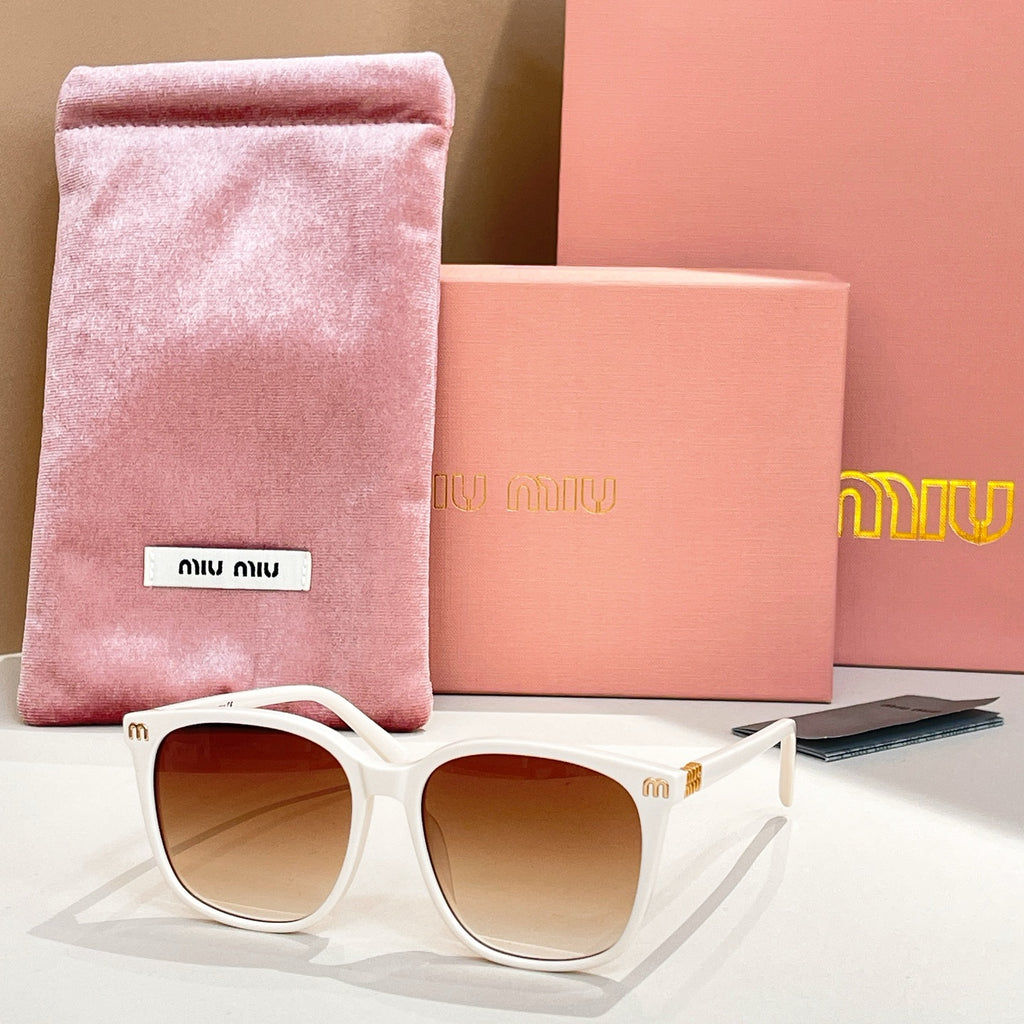 MiuMiu sunglasses with white frame and light brown lenses, with pink storage pouch